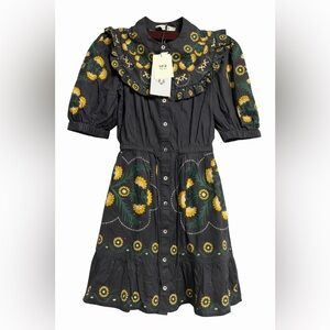 Embroidered Floral Button-Front Black Dress with Yellow & Green Accents